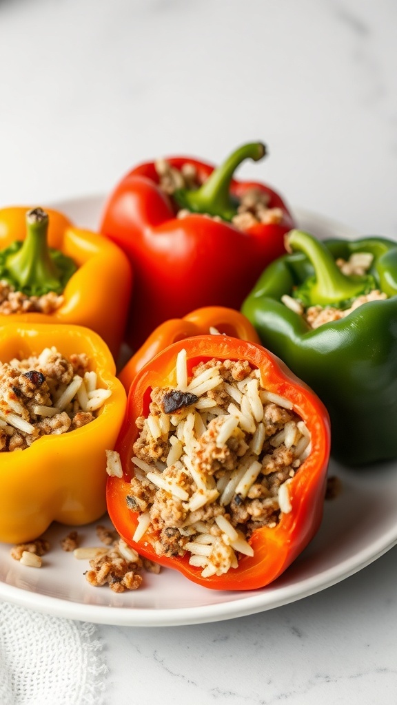 A plate of stuffed bell peppers filled with rice and meat, showcasing red, yellow, and green peppers.