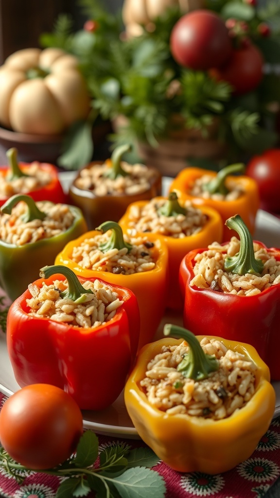 Colorful stuffed bell peppers filled with rice and vegetables, displayed on a plate with tomatoes and greenery in the background.