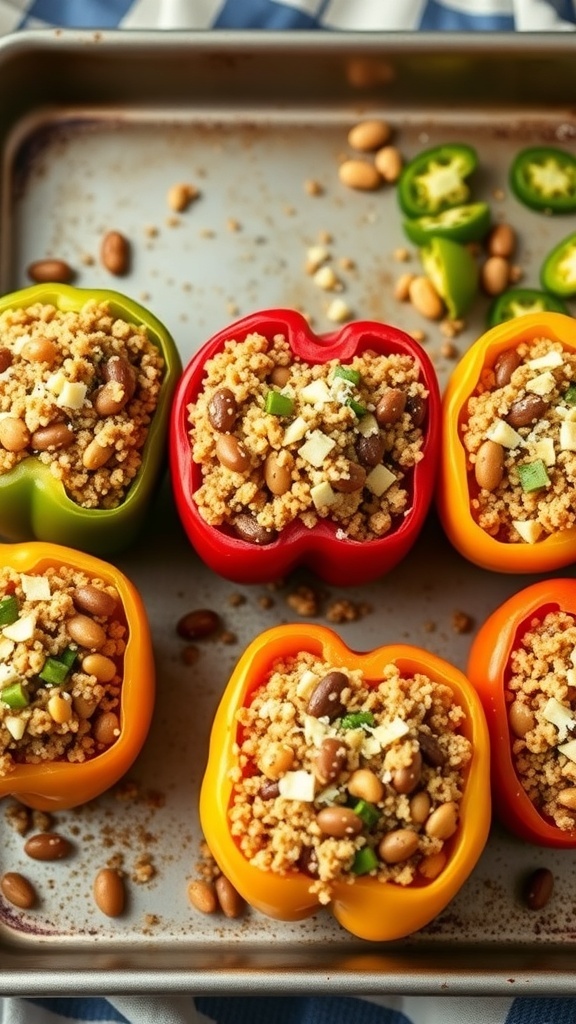 Colorful stuffed bell peppers filled with couscous and beans on a baking tray.
