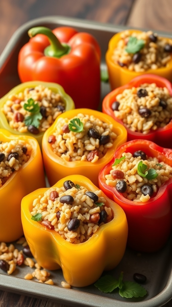 Colorful stuffed bell peppers filled with brown rice and beans, ready to be served.