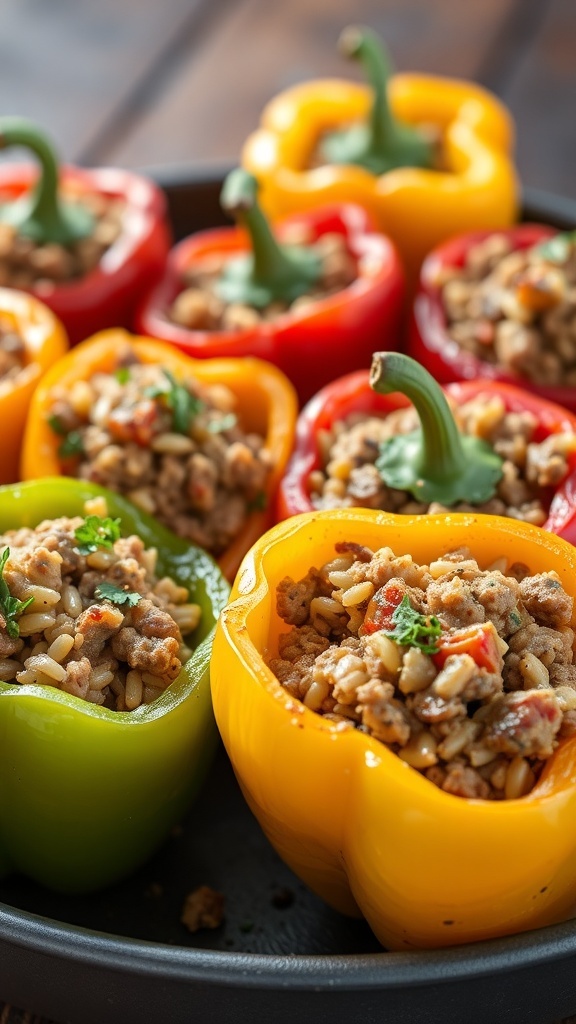 Stuffed bell peppers filled with ground beef and rice, arranged in a baking dish.