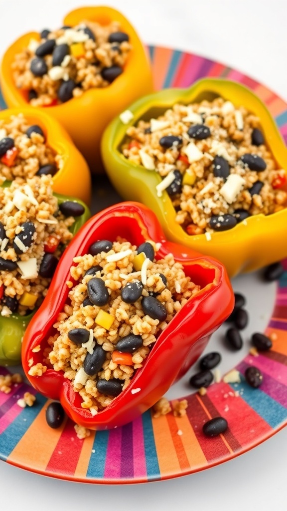 Colorful stuffed bell peppers filled with quinoa and black beans on a striped plate.