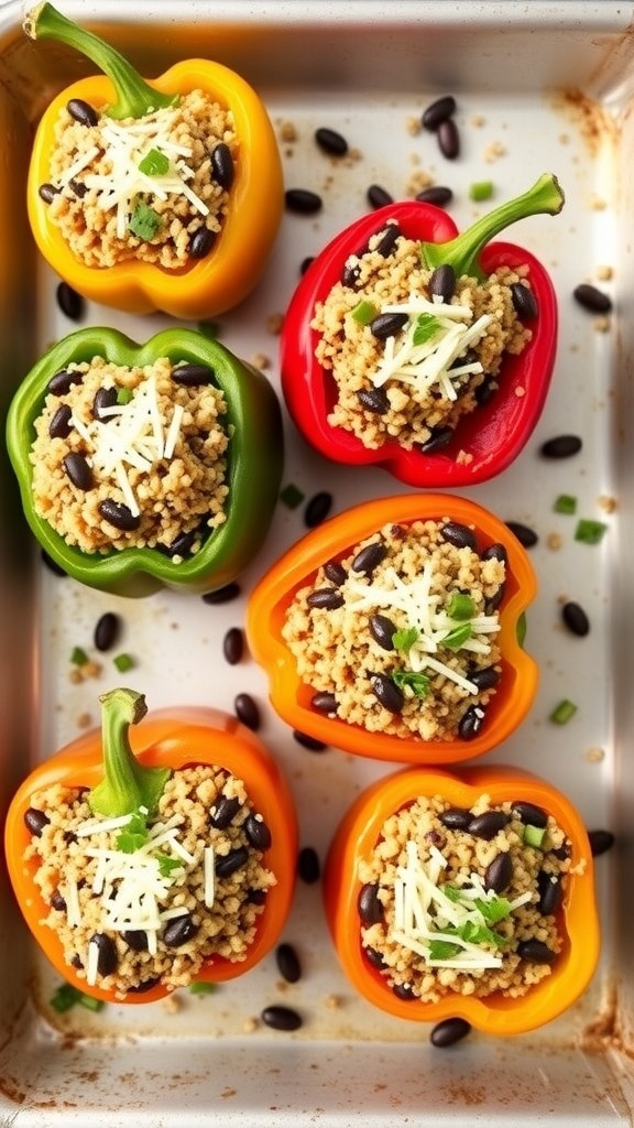 Colorful stuffed bell peppers filled with quinoa and black beans, topped with cheese.