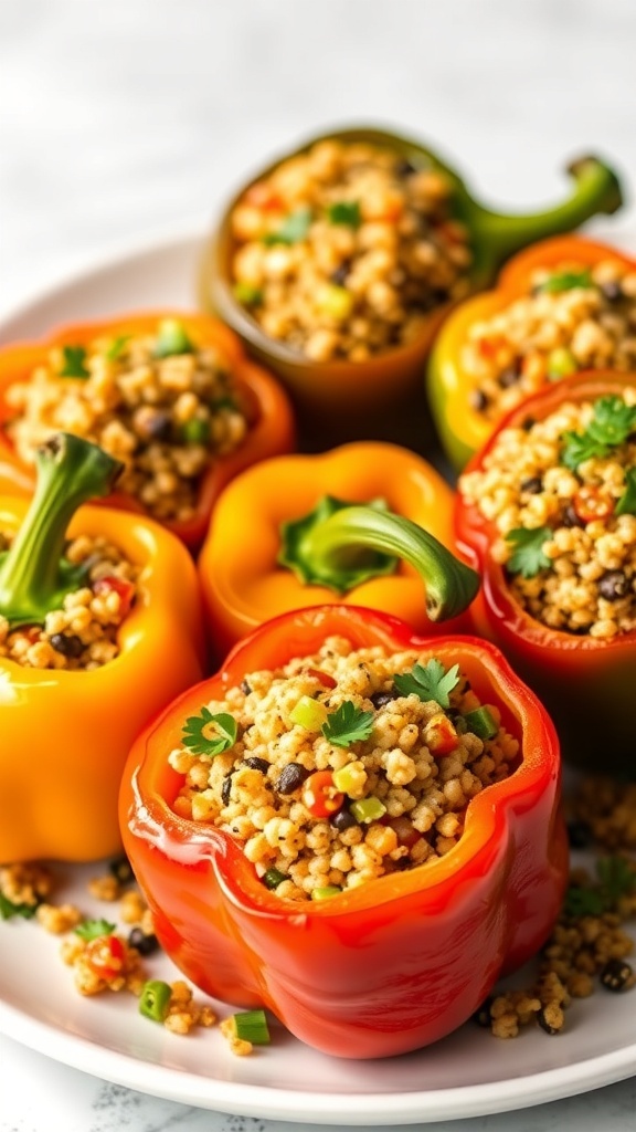 A plate of colorful stuffed bell peppers filled with quinoa and vegetables.