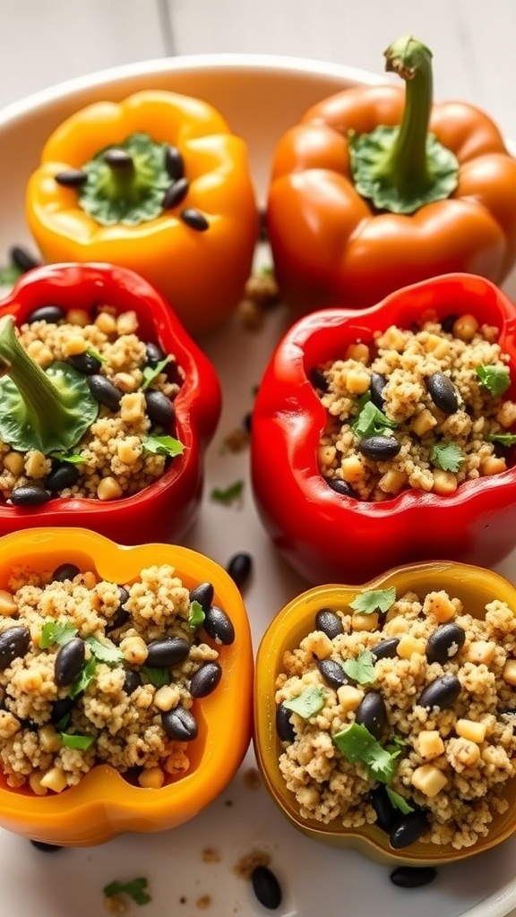 Colorful stuffed bell peppers filled with quinoa and black beans on a plate.