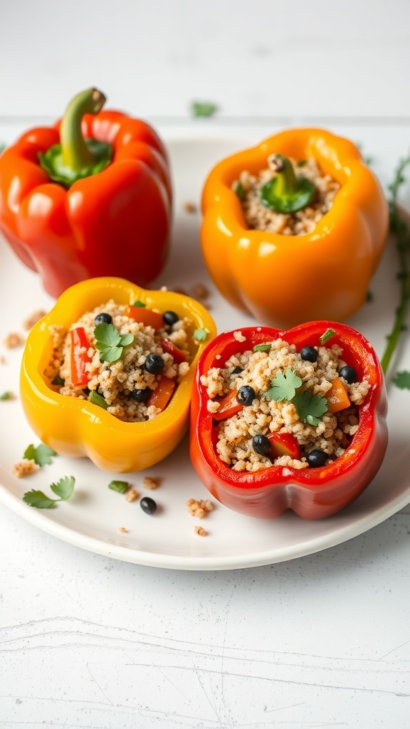 Four stuffed bell peppers filled with quinoa and black beans on a white plate.