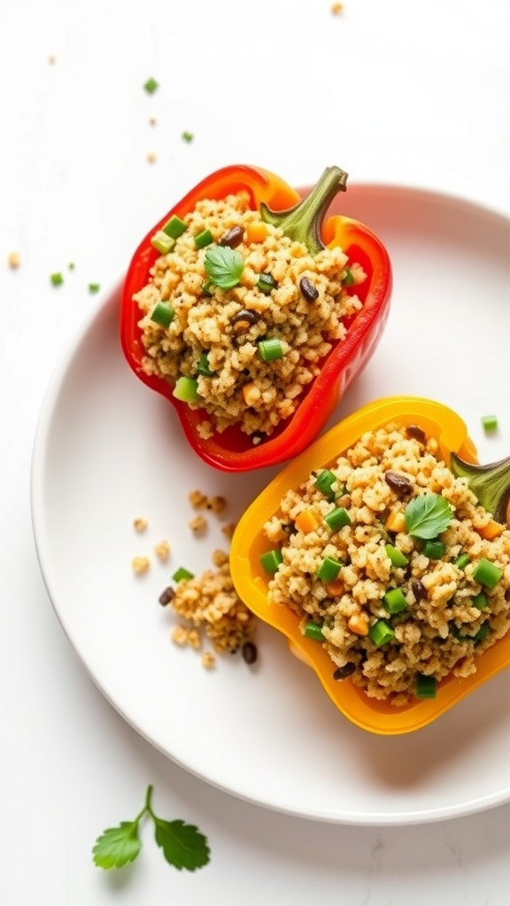 Stuffed bell peppers filled with quinoa and vegetables on a plate.