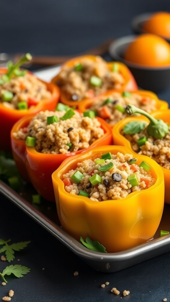 Stuffed bell peppers filled with quinoa and vegetables on a baking tray
