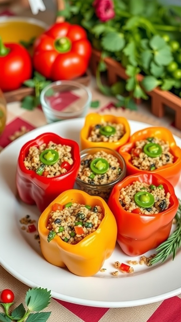 Stuffed bell peppers filled with quinoa and topped with jalapeño slices on a plate, surrounded by fresh vegetables.