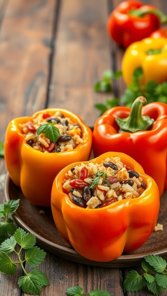 Stuffed bell peppers filled with rice and beans on a wooden table.