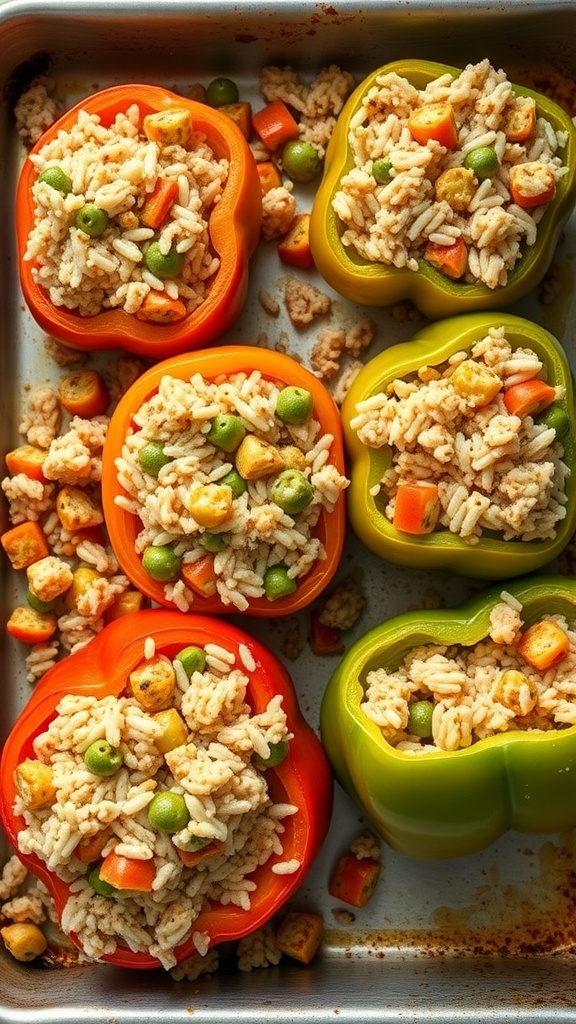 Colorful stuffed bell peppers filled with rice and vegetables on a baking tray.