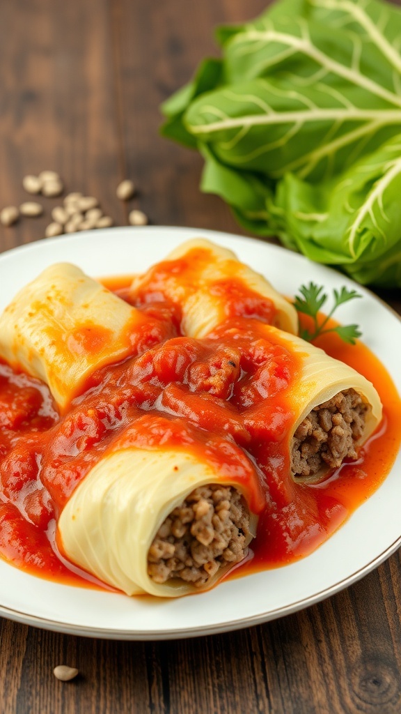 Stuffed cabbage rolls with ground beef and tomato sauce on a plate, with fresh cabbage in the background.