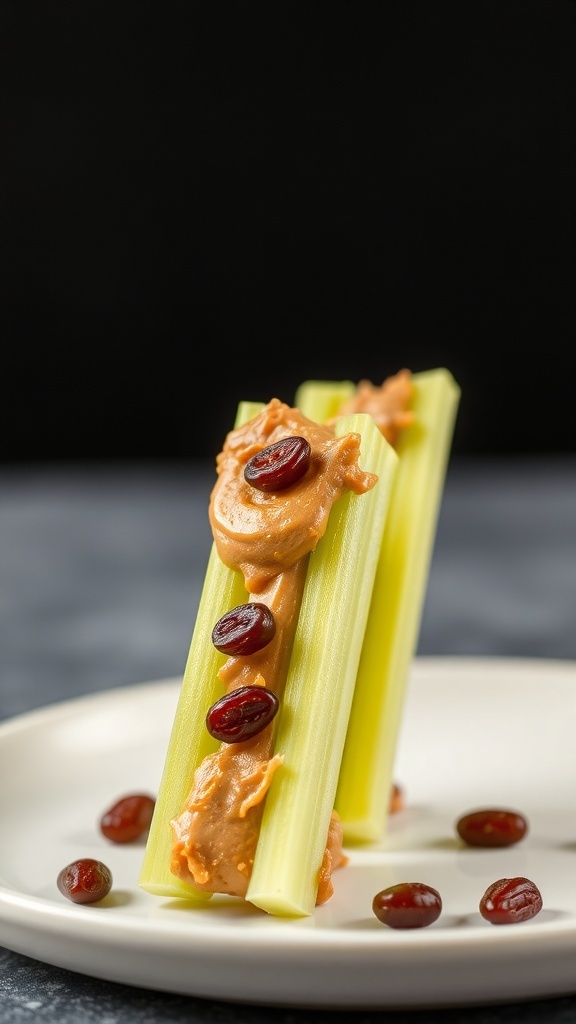 Stuffed celery sticks with peanut butter and raisins on a plate