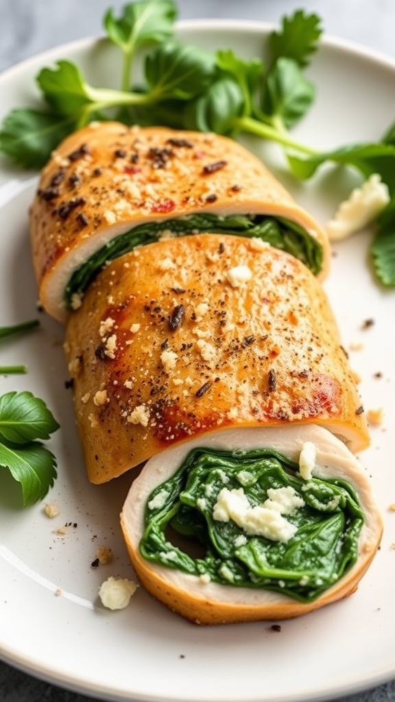 Stuffed chicken breast with spinach and feta on a plate