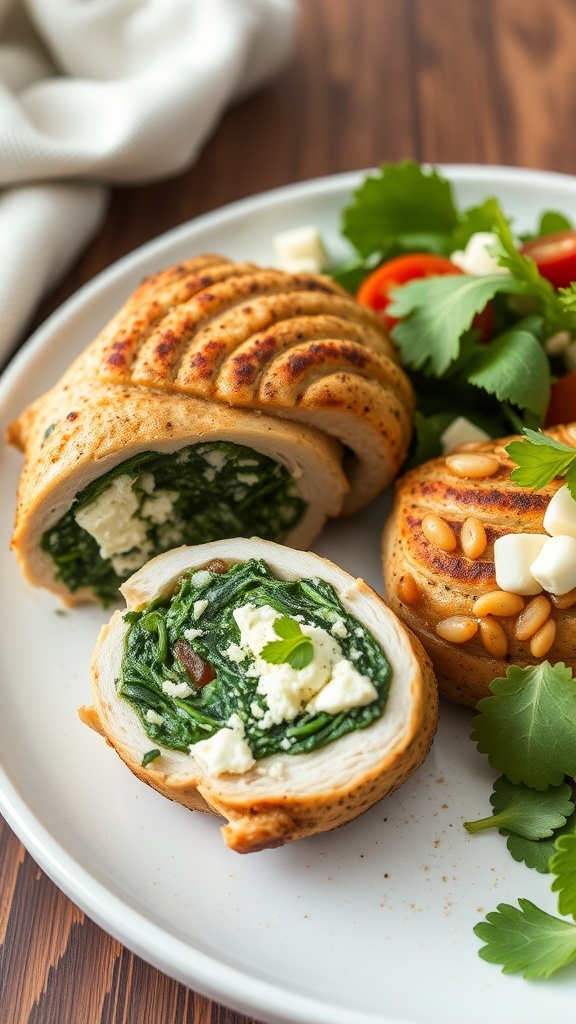 Stuffed chicken thighs with spinach and feta on a plate, served with a side salad.