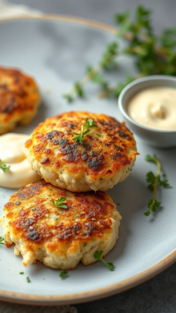 Two golden-brown stuffed crab cakes on a plate with a small bowl of sauce