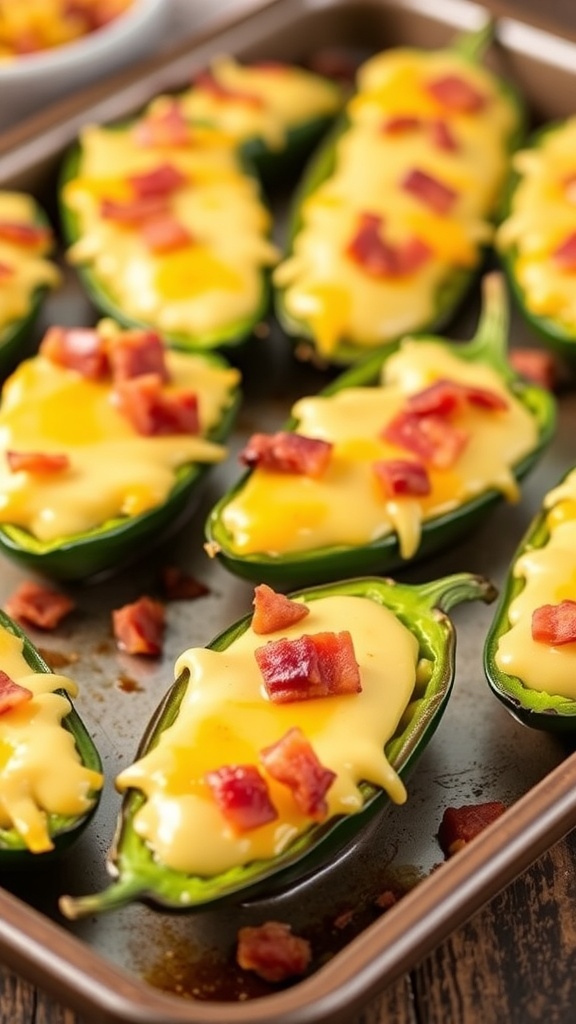 Baked stuffed jalapeños filled with cheese and topped with bacon on a baking tray.