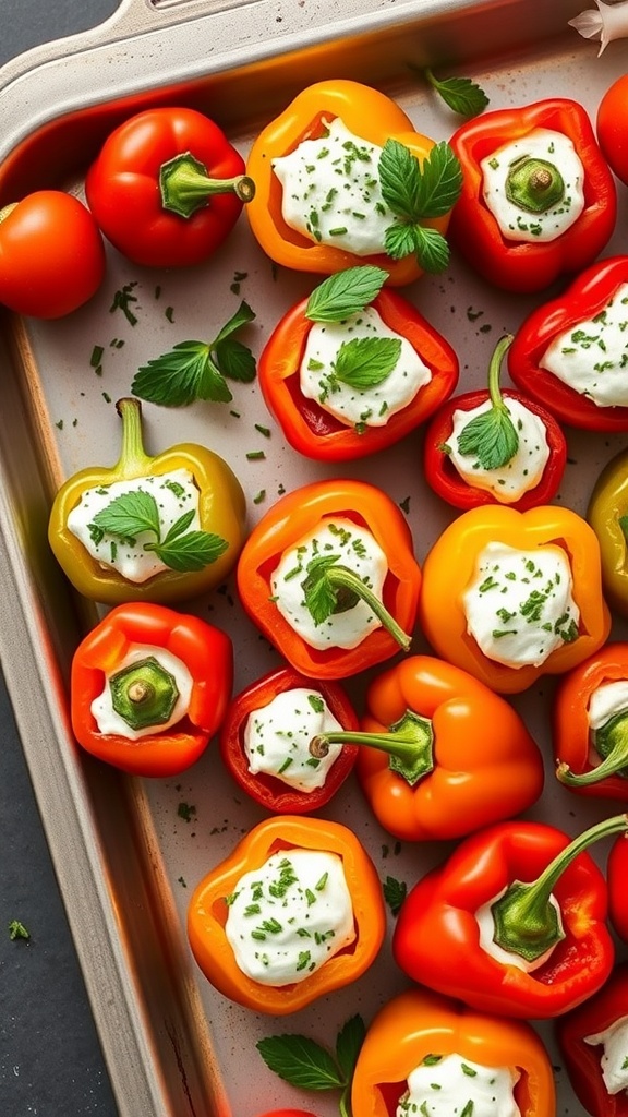 A tray of stuffed mini peppers filled with creamy cheese mixture, garnished with herbs.