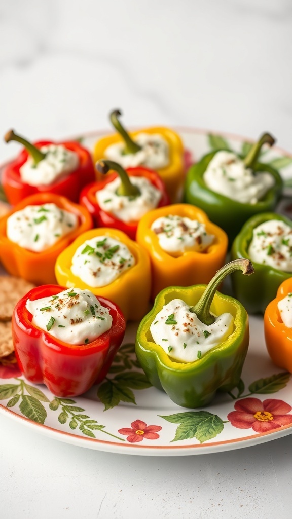 Colorful stuffed mini peppers filled with a creamy mixture on a decorative plate.