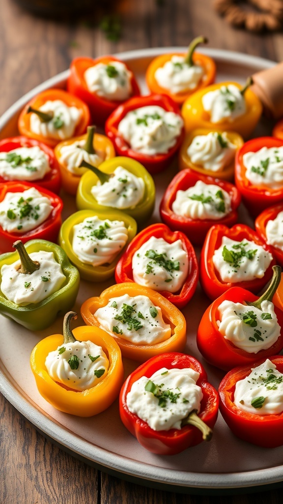 A platter of stuffed mini peppers filled with creamy mixture and garnished with herbs.