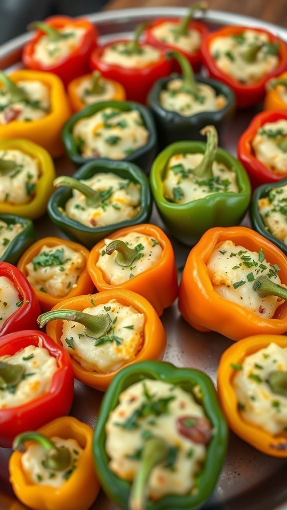 A platter of colorful stuffed mini peppers filled with creamy cheese mixture.