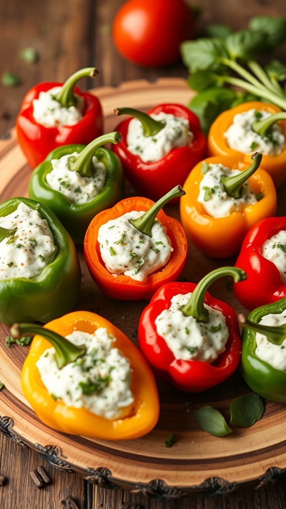 Colorful stuffed mini peppers filled with cream cheese on a wooden platter.