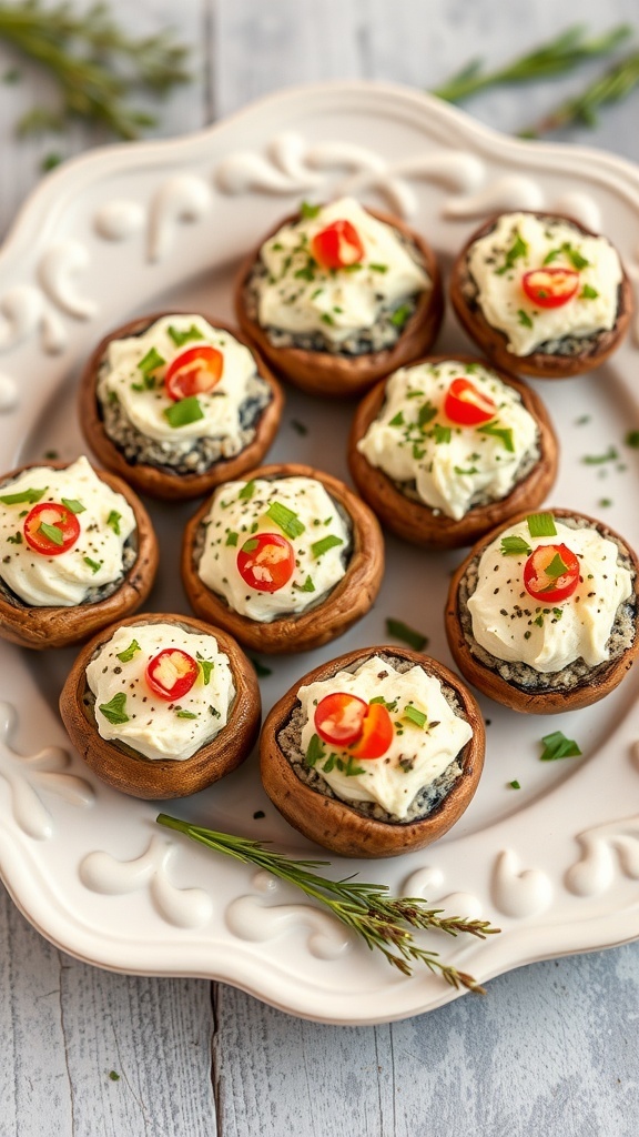 A platter of stuffed mushrooms topped with cream cheese and red peppers, garnished with herbs.