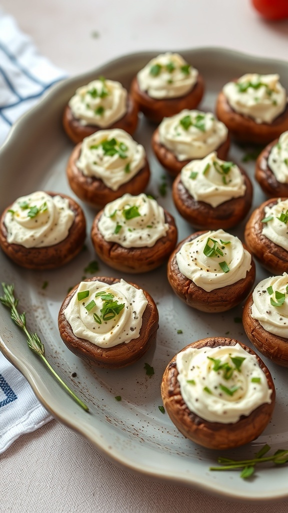 A platter of stuffed mushrooms topped with cream cheese and herbs