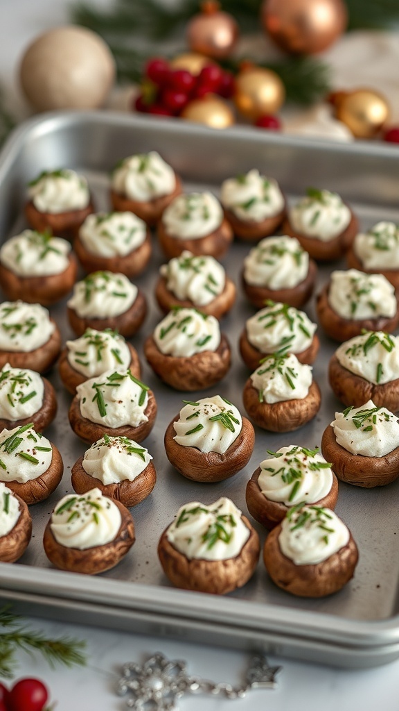 A tray of stuffed mushrooms topped with cream cheese and chives, surrounded by holiday decorations.