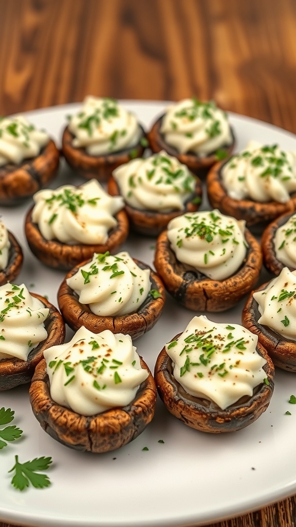 A plate of stuffed mushrooms topped with cream cheese and herbs.