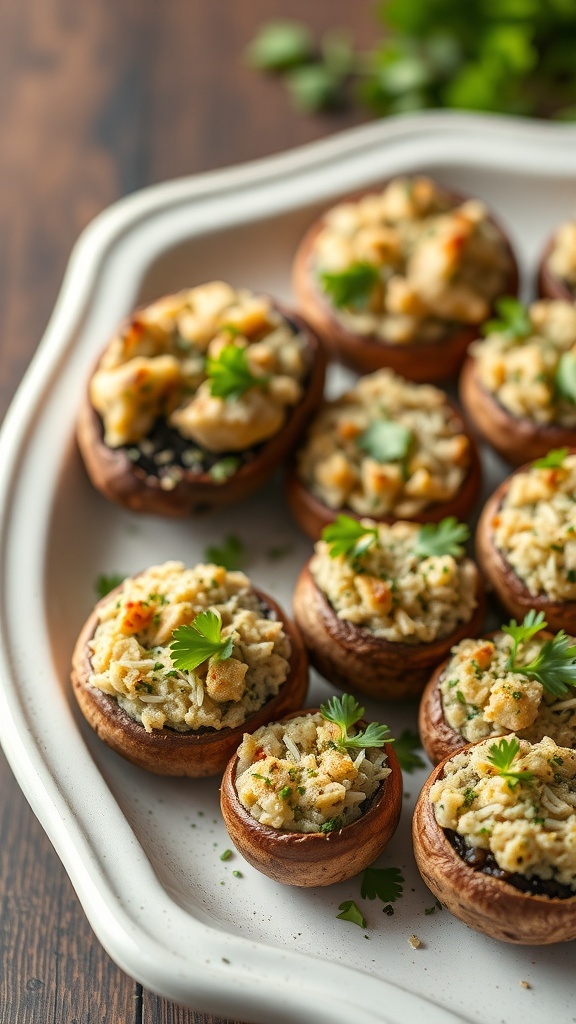 A platter of stuffed mushrooms topped with herbs and breadcrumbs