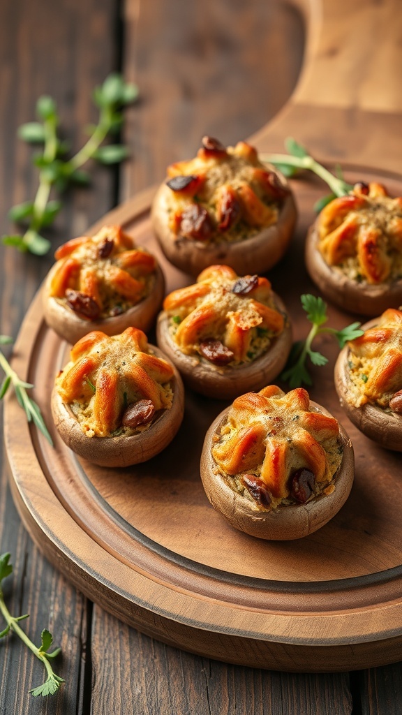 A wooden platter with stuffed mushrooms filled with sausage and topped with a golden crust, garnished with herbs.