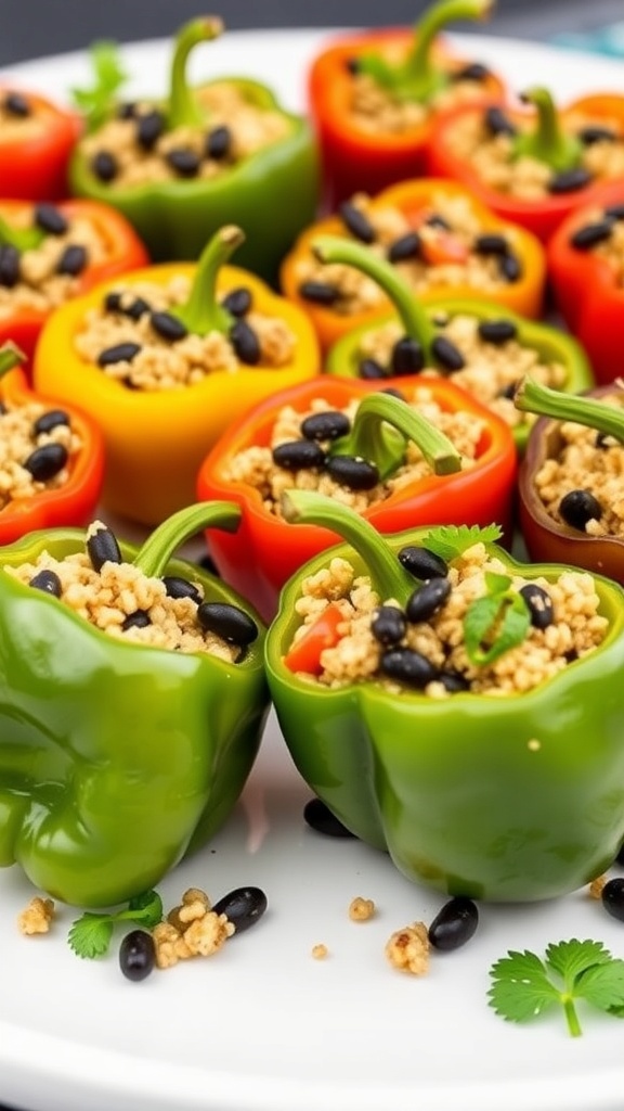 Colorful stuffed peppers filled with quinoa and black beans on a white plate.