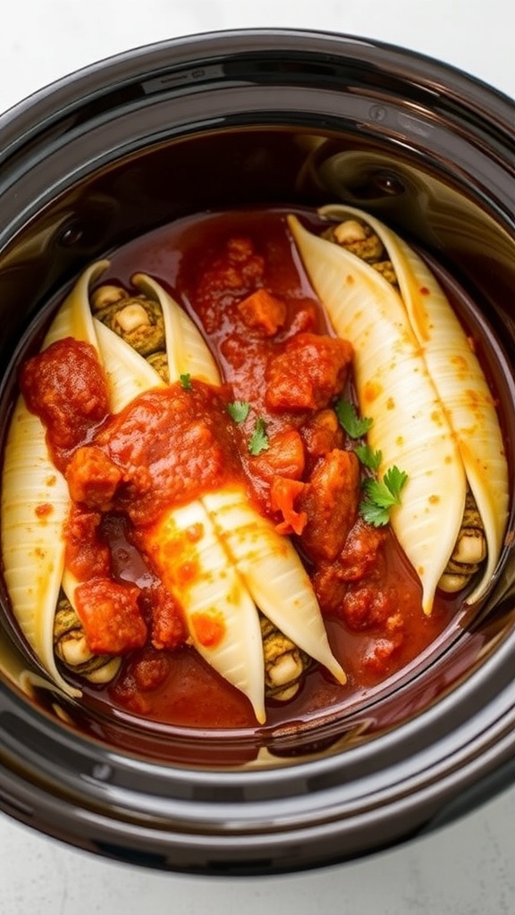 Stuffed squid in tomato sauce in a crockpot