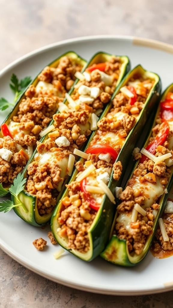 A plate of stuffed zucchini boats filled with ground turkey, cheese, and vegetables.