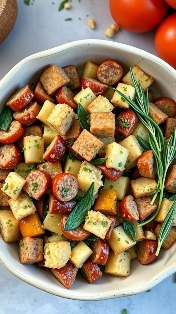 A bowl of stuffing with sausage, bread cubes, and fresh herbs, ready for Thanksgiving.