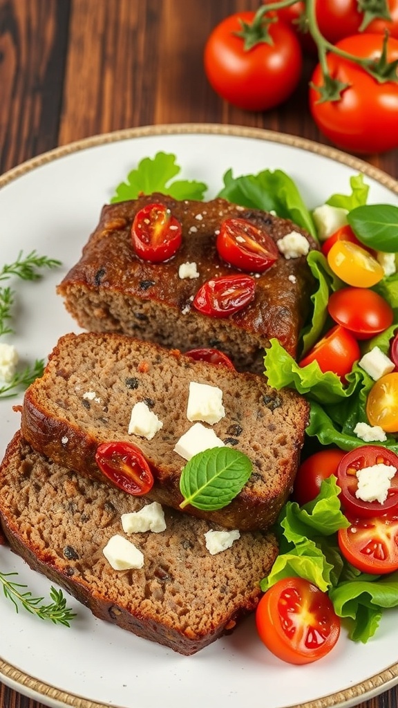 Sundried tomato and feta meatloaf served with a fresh salad and cherry tomatoes.