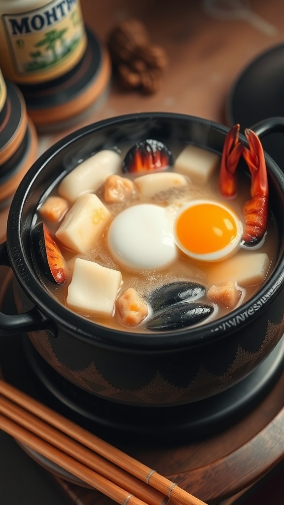 A steaming bowl of Sundubu Jjigae with silken tofu, egg, and chili peppers.