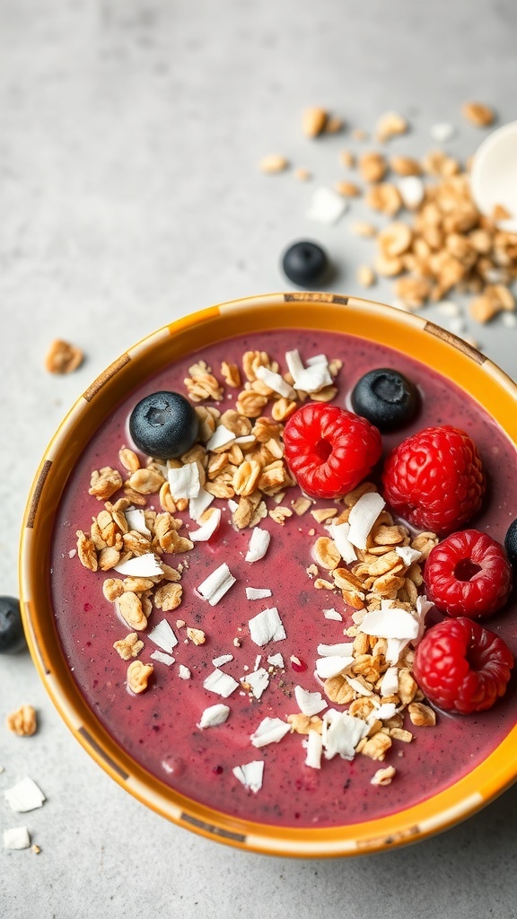 A colorful acai bowl topped with granola, raspberries, blueberries, and coconut flakes.