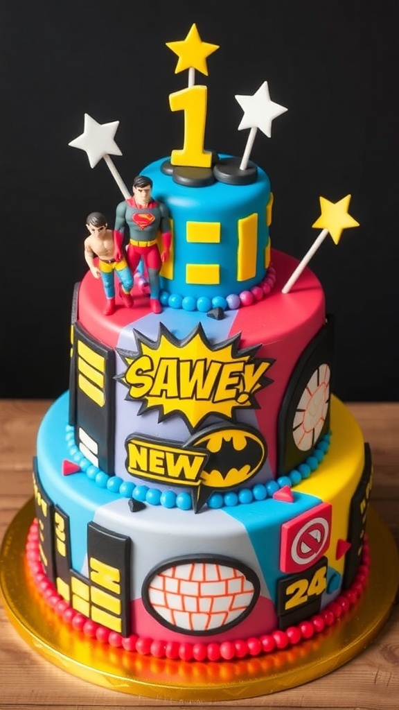 A vibrant superhero-themed birthday cake with figurines and colorful decorations.