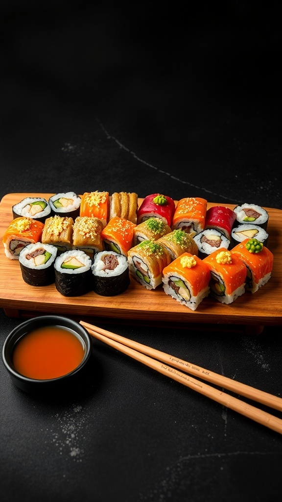 An assortment of colorful sushi rolls on a wooden platter with a small bowl of soy sauce and chopsticks.