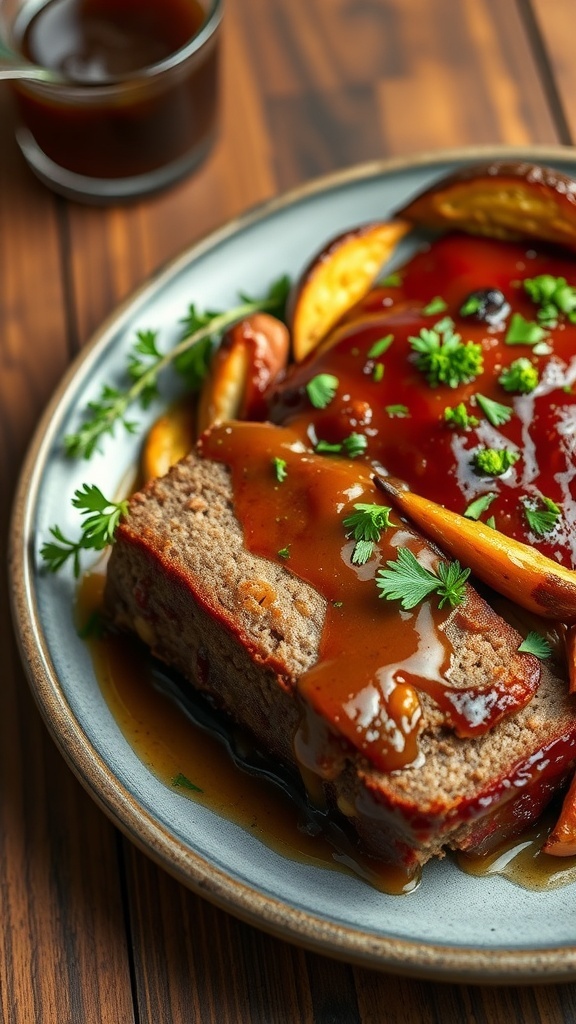 A plate of sweet and savory maple meatloaf with roasted apples and a rich sauce.