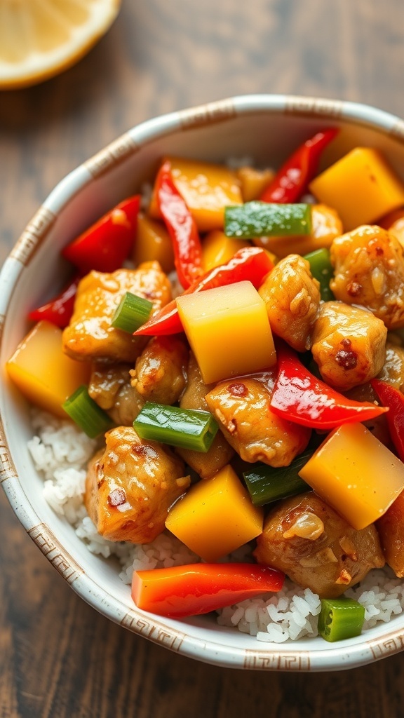 A bowl of sweet and sour chicken with colorful vegetables and pineapple.