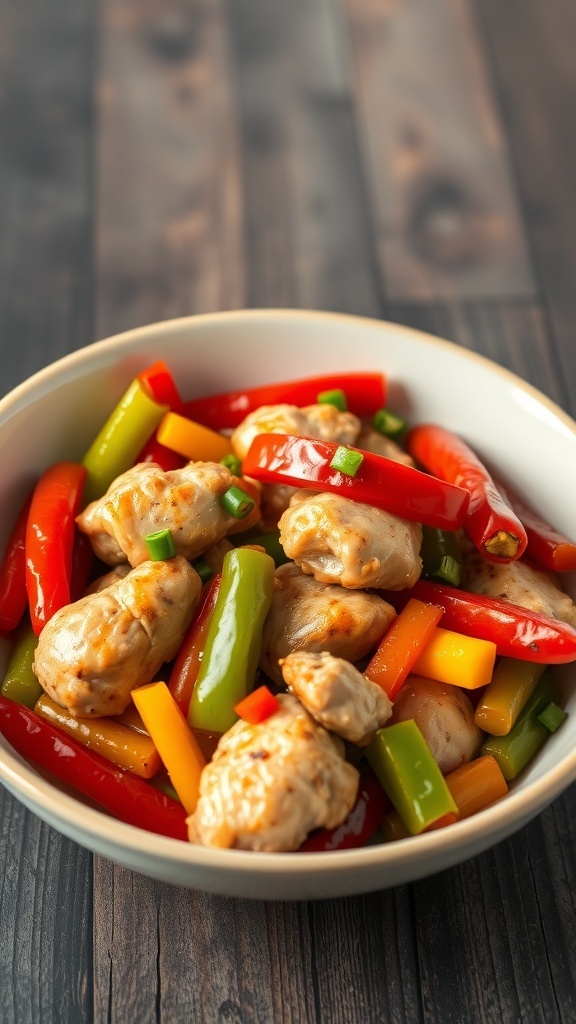 A bowl of sweet and sour chicken with colorful bell peppers