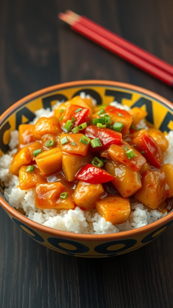 A bowl of sweet and sour chicken served over rice, garnished with green onions and red bell peppers.