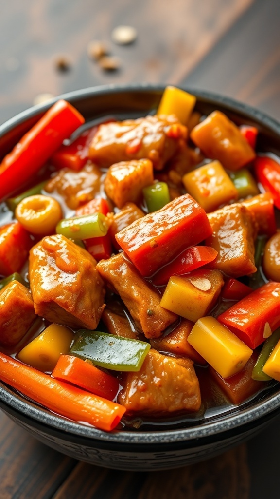 A bowl of sweet and sour pork with colorful vegetables and a glossy sauce.
