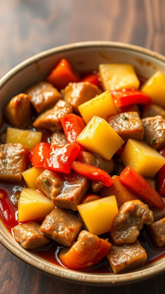 A bowl of sweet and sour pork with colorful bell peppers and pineapple chunks.