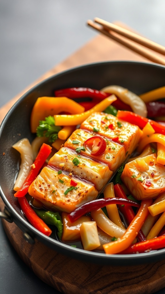 A delicious sweet and sour salmon stir-fry with colorful bell peppers and herbs in a pan.