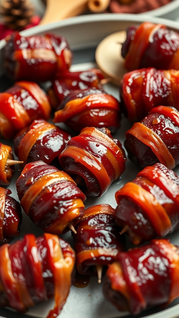 A plate of sweet and spicy bacon-wrapped dates, glistening with a sticky glaze.