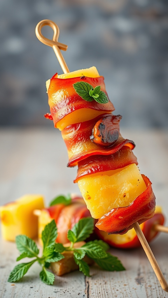 Bacon-wrapped pineapple skewers with mint leaves